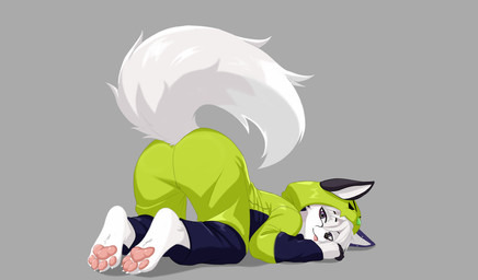 anthro clothing fur grey_background hair male on_ground pajamas paws simple_background solo tail tongue tongue_out white_body white_fur white_hair white_tail mr_bubba canid canine fox mammal hi_res