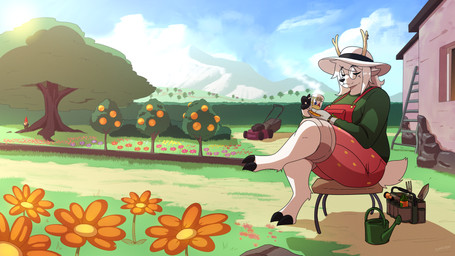 anthro antlers beverage big_hat clothing coffee container cup drinking eyewear female garden gardener glasses hat headgear headwear horn mature_female overalls slightly_chubby slightly_chubby_female solo sun_hat somesacredbird gnome_chompski pepper_(peppershakerr) cervine deer gnome mammal 16:9 4k absurd_res digital_drawing_(artwork) digital_media_(artwork) hi_res widescreen