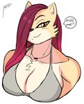 anthro breasts cleavage clothed clothing dialogue female hair smile solo text jwinkz kaylee_(jwinkz) felid lion mammal pantherine english_text