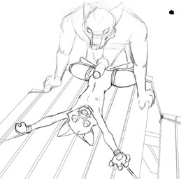 age_difference animal_genitalia animal_penis anthro anthro_on_anthro bdsm bench bent_over bondage bound canine_genitalia canine_penis claws dominant dominant_male duo erection female flat_chested frogtied furniture genitals imminent_rape imminent_sex knot larger_dom larger_male legs_tied looking_at_viewer lying male male/female muzzle_(object) muzzled navel nipples nude older_dom_younger_sub older_male on_back pawpads penis picnic_table size_difference smaller_female spread_legs spreading submissive submissive_female table young young_anthro younger_female misterpickleman canid canine canis domestic_dog mammal hi_res monochrome sketch