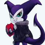 ambiguous_gender clothing gloves green_eyes grin handwear jacket leather leather_clothing leather_jacket leather_topwear looking_at_viewer looking_back purple_body simple_background smile solo topwear white_background kira_dra_h bandai_namco digimon demon digimon_(species) imp impmon 1:1