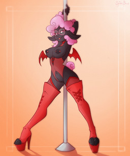 anthro areola barbell_piercing biped black_areola black_body black_fur black_nipples bodysuit boots breasts clothed clothing cloven_hooves costume crotch_tuft crotchless_bodysuit dancing devil_costume eyelashes eyewear female footwear fur genitals glasses hair high_heels holidays hooves long_eyelashes looking_at_viewer nipple_barbell nipple_dip nipple_piercing nipples open_mouth piercing pink_eyes pink_eyewear pink_glasses pink_hair pink_tail platform_boots platform_footwear pole pole_dancing red_bodysuit red_boots red_clothing red_footwear red_skinsuit round_glasses shoes simple_background skinsuit solo tail tight_clothing tuft vulva wearing_glasses spider_bones halloween petunia_(nutjobgto) bovid caprine mammal sheep 2025 5:6 digital_media_(artwork) full-length_portrait hi_res portrait shaded