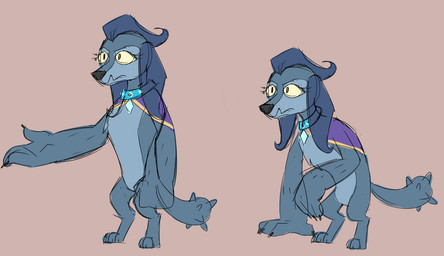 3_toes 4_fingers anthro black_claws black_eyes black_nose blue_body blue_collar blue_fur blue_hair blue_tail brown_background cape chest_tuft claws closed_frown clothing collar crouching eyelashes featureless_crotch feet female female_anthro finger_claws fingers fist floppy_ears frown fur hair long_ears lop_ears mouth_closed multicolored_body multicolored_fur purple_cape purple_clothing queen royalty simple_background standing tail toe_claws toes tuft two_tone_body two_tone_fur yellow_sclera insertthenewblhere friendship_is_magic hasbro idw_publishing my_little_pony my_little_pony_(idw) katherina_proudpaws_(mlp) canid diamond_dog_(mlp) mammal 2025 colored_sketch digital_drawing_(artwork) digital_media_(artwork) english_description flat_colors multiple_scenes sketch