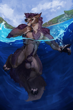 animal_genitalia anthro athletic athletic_anthro athletic_male ball_tuft balls brown_body brown_fur detailed_background fully_sheathed fur genitals hair looking_at_viewer male male_anthro nipples nude nude_anthro nude_male open_mouth open_smile outside partially_submerged penis penis_tip pink_penis pubes purple_body purple_fur purple_hair sheath skinny_dipping smile solo swimming tail tan_body tan_fur teeth tongue tuft underwater underwater_view water waterline_view yellow_eyes i-psilone dusty_(quiqdraw) canid canine canis coyote mammal 2020 hi_res