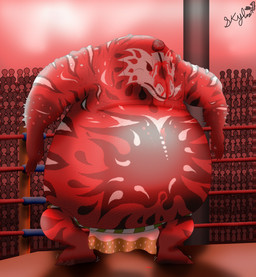 belly big_belly blood blood_on_floor bodily_fluids eyes_closed feral fighting_ring macro male nosebleed overweight red_body rope solo spots white_spots skyliner1 kaiju 2025 hi_res