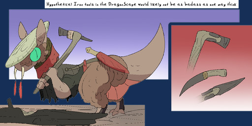 ambiguous_gender axe clothing facial_piercing fantasy feral knife nose_piercing piercing solo text tools worldbuilding thepatchedragon dragonscape mythology dinosaur dragon drekir mythological_creature mythological_scalie prehistoric_species reptile scalie theropod alpha_channel english_text