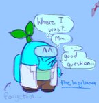 ^_^ blue_background blue_body bottomwear brown_bottomwear brown_clothing brown_footwear brown_pants brown_shoes clothing coat eyes_closed footwear green_clothing green_shirt green_topwear hand_on_chin hand_on_hip lab_coat male not_furry pants shirt shoes simple_background smile solo speech_bubble sprout_(plant) standing topwear white_lab_coat the-lazy-llama among_us innersloth crewmate_(among_us) 2023 artist_name colored_sketch digital_drawing_(artwork) digital_media_(artwork) flat_colors sketch