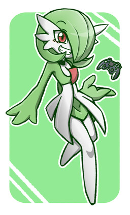 biped blush blush_lines breasts clenched_teeth controller eyebrows eyelashes female game_controller green_body green_hair hair hair_over_eye happy one_eye_obstructed open_mouth open_smile pupils red_eyes smile solo teeth white_body white_sclera rakkuguy nintendo pokemon airalin gardevoir generation_3_pokemon humanoid pokemon_(species) 2025 hi_res