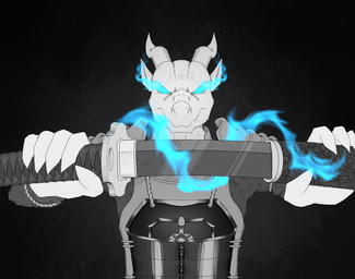 anthro armor clothed clothing fire glowing glowing_eyes holding_katana holding_melee_weapon holding_object holding_sword holding_weapon horn katana looking_at_viewer male melee_weapon simple_background solo sword weapon lunhiss mythology dragon mythological_creature mythological_scalie scalie 2022 colored digital_drawing_(artwork) digital_media_(artwork) hi_res signature sketch widescreen
