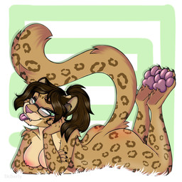 anthro breasts brown_hair butt eyewear eyewear_only female fingers glasses glasses_only green_eyes hair lying nipples nude on_front solo tongue tongue_out wearing_glasses skibaparker felid leopard mammal pantherine 1:1 2024 digital_media_(artwork) hi_res