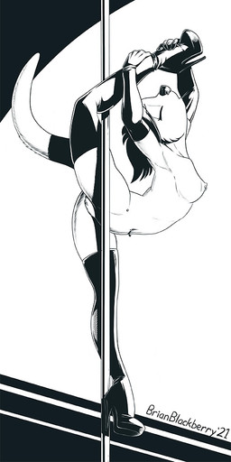 areola armwear boots breasts clothing dancing elbow_gloves facial_piercing female footwear genitals gloves handwear high_heeled_boots high_heels hip_piercing legwear mostly_nude navel navel_piercing nipple_piercing nipples nose_piercing nose_ring piercing pole pole_dancing ring_piercing shoes solo thigh_boots thigh_highs vulva brian_mcpherson tallula_(brian_mcpherson) mammal mustelid otter 2021 monochrome