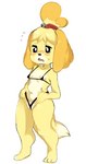 4_fingers anthro barefoot bikini blush breasts camel_toe clothed clothing feet female fingers fur hair micro_bikini navel open_mouth partially_visible_vulva simple_background skimpy small_breasts solo standing swimwear toes tongue two-piece_swimsuit yellow_body yellow_fur 0nikakushi skeet_(artist) animal_crossing nintendo isabelle_(animal_crossing) canid canine canis domestic_dog mammal shih_tzu toy_dog digital_media_(artwork) hi_res