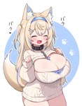 accessory animal_humanoid big_breasts blonde_hair blue_highlights blush breasts canid canid_humanoid canine canine_humanoid cleavage clothed clothing collar dog_humanoid eyes_closed fangs female fuwawa_abyssgard hair hair_accessory hi_res highlights_(coloring) hololive hololive_en huge_breasts humanoid japanese_text long_hair mammal mammal_humanoid multicolored_hair open_mouth open_smile smile solo standing sweater tail teeth text thick_thighs topwear vtuber zazami_d