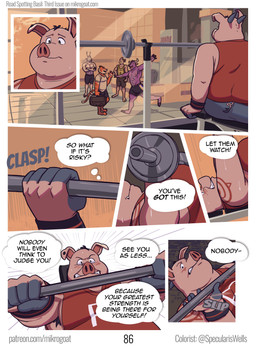 abs anthro barbell bodily_fluids body_hair bottomwear brown_hair clenched_teeth clothed clothed_anthro clothed_male clothing dialogue duo ear_piercing exercise eyebrows fur grey_body grey_fur group hair horn lying male muscular muscular_anthro muscular_male on_back overweight overweight_anthro overweight_male piercing pink_body pink_skin shirt shorts speech_bubble striped_body striped_fur stripes stubborn sweat tank_top teeth text thought_bubble topless topless_anthro topless_male topwear weightlifting workout mikrogoat abe_(mikrogoat) basil_(mikrogoat) miles_(nanoff) perry_(mikrogoat) bovid bovine cattle deer domestic_pig felid lagomorph leporid mammal pantherine rabbit suid suine sus_(pig) tiger comic english_text hi_res url nonbinary_(lore)