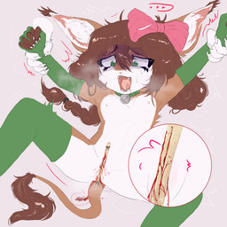 anthro arm_grab blood bodily_fluids bow_tie brown_hair chopsticks circumcision clitoridectomy clothing collar cutting female genital_mutilation genital_torture gore green_eyes hair hand_warmers inner_ear_fluff leg_warmers legwear mutilation pussy_circumcision restrained simple_background solo tuft young young_anthro gorebunny jinx_mckenzie hi_res