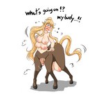 4_breasts 5_fingers balls big_breasts big_teats blonde_hair blush bodily_fluids breasts breasts_and_teats brown_body brown_fur crotch_breasts dialogue fingers frontal_taur_balls frontal_taur_genitals frontal_taur_penis fur genitals gynomorph hair hooves horn implied_transformation intersex long_hair monster_girl_(genre) multi_breast navel nipples nude open_mouth penis ponytail shocked simple_background solo sweat sweatdrop teats text white_background sukedai_haniwa monster_musume centorea_shianus_(monster_musume) taur 2022 english_text hi_res