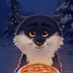 anthro big_pupils black_nose cute_fangs daww dilated_pupils ears_back eyebrows fangs fluffy food front_view fur fuzzy glistening glistening_eyes grey_body grey_fur holding_food holding_object looking_at_viewer male night offering_food outside pie_(food) pivoted_ears plant plate pupils round_eyes snow solo standing teeth tree underbelly winter yellow_eyes lilysaart intermarche_unloved albert_(intermache_unloved) the_first_wolf_(unloved) canid canine canis mammal wolf 1:1 hi_res signature