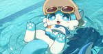 ambiguous_form ambiguous_gender blue_body blush blush_stickers clothing eyewear eyewear_on_head fangs floating floating_on_water glasses glasses_on_head hat headgear headwear long_tail looking_at_viewer open_mouth open_smile smile solo swimming swimming_pool tail teeth water wet wet_body white_body flong honkai:_star_rail mihoyo bubble_(honkai:_star_rail) chimera 2025 256:135 4k absurd_res digital_drawing_(artwork) digital_media_(artwork) hi_res wallpaper