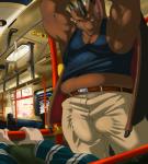 anthro belt biceps bottomwear bulge bus clothing commercial_vehicle detailed_bulge frill_(anatomy) frill_piercing furgonomics furry-specific_piercing genital_outline group horn inside_bus looking_at_viewer male membrane_(anatomy) membranous_frill membranous_wings midriff muscular pants penis_outline piercing presenting public public_transportation raised_arm shirt slightly_chubby solo_focus tank_top topwear vehicle vehicle_for_hire wings boosterpang mythology segremores dragon human mammal mythological_creature mythological_scalie reptile scalie