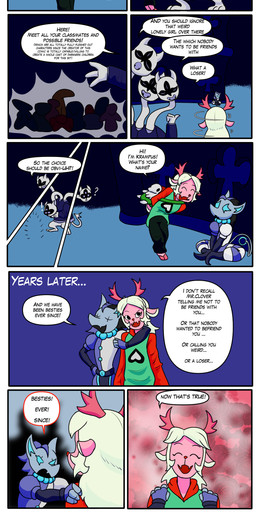 3_heads anthro ball black_eyes blue_eyes building clothed clothing dark_world dialogue eyes_closed female feral fur gesture grey_body grey_fur group hair hand_gesture hands_on_shoulders hands_together happy head_turned hopscotch horn house jewelry male multi_head necklace open_mouth pink_body pointing purple_background purple_hair question_mark red_nose sad simple_background simple_eyes sitting sitting_on_ground smile speech_bubble tail talking_feral tennis_ball text white_hair young arcatech deltarune undertale undertale_(series) clover_(deltarune) everyman krampus_(arcatech) synthesis_(arcatech) darkner domestic_cat felid feline felis mammal absurd_res comic english_text hi_res