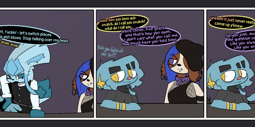 annoyed anthro anthrofied awkward blue_body blue_sclera border clothed clothing collar dark_sclera dialogue ear_piercing ear_ring facial_piercing female fishnet_clothing fur furniture gesture grey_border group hair hand_gesture hand_on_table headgear headwear hoop_ear_ring inside lip_piercing looking_away male nervous one_eye_obstructed open_mouth piercing purple_eyes ring_piercing simple_background table tail text topwear trio vest white_eyes wide_eyed yellow_eyes gazaster nintendo pokemon aubrey/swatch_(gazaster) gams_(gazaster) lex_(gazaster) canid canine eeveelution felid feline generation_2_pokemon generation_4_pokemon glaceon mammal pokemon_(species) shinx smeargle 2025 comic digital_media_(artwork) english_text hi_res signature nonbinary_(lore)