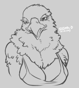 anthro arm_tuft beak big_breasts breasts cleavage cleavage_overflow clothed clothing eyelashes feather_tuft feathers female fluffy glistening glistening_eyes head_tuft line_art_only long_eyelashes looking_at_viewer neck_tuft non-mammal_breasts open_mouth open_smile shirt smile smiling_at_viewer solo t-shirt text topwear tuft white_text sigma-d accipitrid accipitriform avian bald_eagle bird eagle sea_eagle 2023 artist_name bust_portrait dated digital_drawing_(artwork) digital_media_(artwork) greyscale hi_res monochrome portrait
