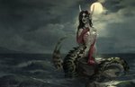 2020 anthro black_hair breasts day detailed_background digital_media_(artwork) female hair hi_res honovy humanoid marine merfolk outside partially_submerged sky smile solo split_form water