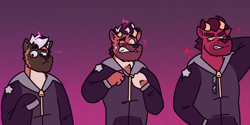 anthro black_nose brown_body brown_ears brown_face brown_fur clenched_teeth clothing countershading ellipsis fur gradient_background hair horn jacket male mouth_closed multicolored_body multicolored_fur orange_body orange_fur pink_hair purple_clothing purple_jacket purple_topwear question_mark simple_background solo star tan_body tan_countershading tan_fur teeth tf_into_fictional_character three_frame_sequence topwear transformation transformation_sequence zipper steamy_lizard bau_(melaisen) akita american_akita canid canine canis domestic_dog mammal spitz 2022 digital_drawing_(artwork) digital_media_(artwork) half-length_portrait hi_res portrait