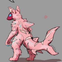 4_fingers ambiguous_gender anthro blue_claws claws fin fingers fur grey_background pink_body pink_fur pink_stripes red_body red_fur shark_fin shark_tail simple_background solo stripes privafuchsia kaiju_paradise aquatic cetacean dolphin gootraxian mammal pseudo_shork_(kaiju_paradise) toothed_whale 2026 digital_drawing_(artwork) digital_media_(artwork) hi_res