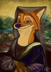 anthro biped brown_body brown_fur clothed clothing crossed_arms fully_clothed fur green_eyes headgear headwear looking_at_viewer purple_nose sitting smile solo murlik disney mona_lisa_(painting) zootopia nick_wilde canid canine fox mammal red_fox true_fox 2017 absurd_res digital_media_(artwork) digital_painting_(artwork) half-length_portrait hi_res inspired_by_formal_art portrait