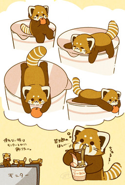 black_eyes black_nose chibi dot_eyes eating eyes_closed feral food kemono lying simple_eyes sitting text shi_nominmin cup_noodles ailurid mammal red_panda 2023 hi_res japanese_text