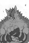 anthro biceps big_muscles chest_tuft countershading eye_patch eyewear fluffy fur grin looking_at_viewer male muscular muscular_anthro muscular_male pecs smile solo tuft takemoto_arashi rex_(takemoto_arashi) canid canine canis mammal wolf greyscale hi_res monochrome