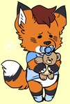 anthro black_body black_fur chibi clean_diaper clothed clothing diaper fur holding_object male nervous object_in_mouth orange_body orange_fur pacifier pacifier_in_mouth plushie shirt shy simple_background solo standing toddler topwear wearing_diaper white_body white_fur yellow_background young young_anthro young_male slusheep canid canine fox mammal 2018