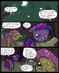 2013 bandage clothed clothing comic cutie_mark detailed_background dialogue digital_media_(artwork) duo english_text equid equine feathered_wings feathers female feral fluttershy_(mlp) forest friendship_is_magic fur grass green_eyes hair hasbro hat headgear headwear horn mammal mane metal_(artist) multicolored_hair my_little_pony mythological_creature mythological_equine mythology outside paper pegasus pink_hair plant purple_body purple_eyes purple_fur purple_hair rock speech_bubble text tree twilight_sparkle_(mlp) two_tone_hair unicorn wings yellow_body yellow_feathers yellow_fur