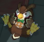 blush bow_tie brown_body claws feet feet_up green_bow_tie lying male on_back solo surprised_expression talons toe_claws toes neocerapaima animal_crossing nintendo blathers_(animal_crossing) avian bird owl 2021