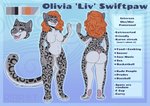 anthro big_breasts blue_eyes breasts featureless_breasts featureless_crotch female fur hair intersex long_hair markings multicolored_body multicolored_fur red_hair smile solo spots spotted_body spotted_fur text thick_thighs ribr0t liv_swiftpaw olivia_swiftpaw felid feline mammal pantherine snow_leopard english_text hi_res model_sheet gynomorph_(lore)