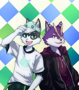 anthro christian_cross christian_symbol clothing cross male male/male pattern_background religion religious_symbol rhombus_(shape) simple_background wo christianity anonymous_character canid canine canis domestic_cat felid feline felis mammal wolf