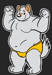 anthro belly big_belly black_nose blush bulge clothing grey_body humanoid_hands male moobs overweight overweight_male simple_background solo underwear yellow_clothing yellow_underwear jakegr bod canid canine canis domestic_dog mammal 2022 hi_res