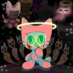 ambiguous_gender anthro blood blood_on_face bodily_fluids chibi creepy_cute halo machine paws pink_body pointy_ears prick_ears screen screen_face solo superflat surrealism tail toony whiskers plastiboo angel domestic_cat felid feline felis mammal robot 1:1 collage_(artwork) hi_res mixed_media