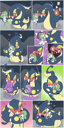biped black_body black_eyes blush blush_lines countershade_torso countershading duo electric_shock electricity electricity_manipulation elemental_manipulation eyes_closed female feral green_hair hair hair_over_eye healing heart_symbol holding_another holding_object hug larger_female larger_feral legless looking_at_another male one_eye_closed question_mark red_sclera sharp_teeth shocked size_difference slapstick smaller_humanoid smaller_male spiral spiral_eyes tan_body tan_countershading teeth venom water white_body x_eyes fuf nintendo pokemon eelektross generation_3_pokemon generation_5_pokemon humanoid kirlia pokemon_(species) 1:2 2019 absurd_res comic hi_res