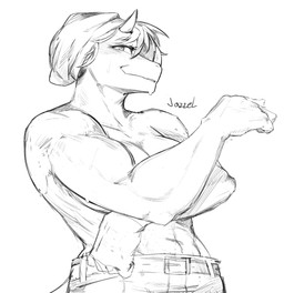 3_horns anthro beanie biceps big_breasts breasts clothed clothing eyelashes facial_horn female hair hat headgear headwear horn looking_at_viewer multi_horn muscular muscular_anthro muscular_arms muscular_female nose_horn short_hair smile snout solo text topless topless_anthro topless_female jazzelart hold_onto_mi mimi_(hold_onto_mi) ceratopsian ceratopsid chasmosaurine dinosaur marginocephalian ornithischian prehistoric_species reptile scalie triceratops 2025 artist_name hi_res monochrome