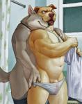 2017 anthro arm_around_shoulders bathroom bedroom_eyes bottomwear bottomwear_down bulge canid canine canis clothed clothing domestic_dog duo erection eye_contact fffffolder flaccid fur genitals grey_body grey_fur half-closed_eyes hand_on_shoulder happy hi_res humanoid_genitalia humanoid_penis imminent_sex looking_at_another male male/male mammal muscular muscular_male narrowed_eyes naughty_face open_mouth pants pants_down partially_clothed penis penis_base pit_bull raining seductive smile teeth translucent translucent_clothing underwear undressing v-cut wet wet_clothing wet_underwear window wolf