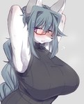 anthro big_breasts black_clothing black_shirt black_topwear blush breasts clothing eyewear female fur glasses grey_background grey_body grey_fur grey_hair hair huge_breasts kemono long_hair looking_at_viewer purple_eyes shirt simple_background sleeveless_shirt solo topwear sgsix canid canine mammal