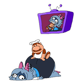 anthro big_butt big_nose black_bottomwear black_clothing black_skirt blue_clothing blue_shirt blue_topwear bottomwear butt chef_hat clothing derp_eyes duo ear_piercing electronics eyelashes facial_hair female fur grey_body grey_fur grey_hair hair hat headgear headwear hug huge_butt lying male mustache on_front on_top piercing shirt simple_background skirt tail television tight_bottomwear tight_clothing tight_skirt topwear white_background wide_hips unknown_artist pizza_tower brick_(pizza_tower) elisa_(maddeku) gustavo_(pizza_tower) human mammal murid murine rat rodent low_res source_request