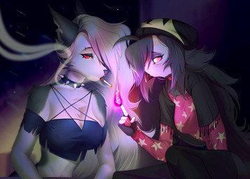 anthro beak black_body black_collar black_fur black_hair cigarette clothing collar duo female fur grey_hair hair multicolored_body multicolored_fur red_sclera spiked_collar spikes white_body white_fur lanadenko hellaverse helluva_boss mythology loona_(helluva_boss) octavia_(helluva_boss) avian bird canid canid_demon canine canis demon hellhound mammal mythological_canine mythological_creature owl owl_demon wolf 2022 digital_drawing_(artwork) digital_media_(artwork)