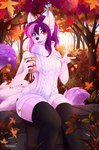 5_fingers amber_eyes anthro autumn beverage biped black_nose blue_eyes breasts clothed clothing coffee detailed_background falling_leaves female fingers forest front_view fur hair heterochromia holding_beverage holding_object inner_ear_fluff legwear multi_tail on_wall open_mouth open_smile outside plant purple_hair ribbed_clothing ribbed_sweater sharp_teeth side_boob sitting smile solo sweater tail teeth thigh_highs tongue topwear tree tuft virgin_killer_sweater white_body white_fur conditional_dnp teranen meme_clothing canid canine fox mammal 2018 digital_media_(artwork) hi_res meme portrait three-quarter_portrait