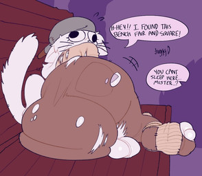 anthro balls bench big_butt black_nose bottomwear brown_bottomwear brown_clothing brown_pants bubble_butt butt butt_focus butt_squish clothing cookware curvy_figure derp_eyes ears_down eyelashes feet femboy footwear frying_pan fur genital_raphe genitals homeless huge_butt huge_thighs kitchen_utensils looking_at_viewer looking_back looking_back_at_viewer lying lying_on_bench male motion_lines on_front outside pants pivoted_ears raphe_(anatomy) rear_view scrotal_raphe socks solo speech_bubble squish tail talking_to_viewer tan_clothing tan_shirt tan_topwear text thick_thighs toes tools topwear torn_bottomwear torn_clothing torn_footwear torn_pants torn_socks trying_to_sleep whiskers white_body white_fur tuggg socks_(tuggg) domestic_cat felid feline felis mammal 2026 artist_name colored digital_drawing_(artwork) digital_media_(artwork) english_text