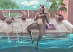 anthro bikini breasts clothing eyewear female food glass_table glasses hair heart_glasses ladder licking_popsicle long_hair outside partially_submerged plant poolside popsicle sitting sky solo swimming_pool swimming_pool_ladder swimwear towel tree two-piece_swimsuit water softmare aspen_(lil-mare) equid equine horse mammal