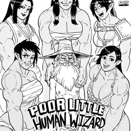 beard breasts cleavage clothed clothing facial_hair female group hat headgear headwear male muscular muscular_female simple_background skimpy text wizard_hat baalbuddy human humanoid mammal orc absurd_res english_text hi_res monochrome