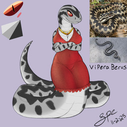 apode arm_markings big_breasts big_tail black_body black_claws black_markings black_scales breasts claws cleavage clothed clothing crossed_arms dress eyelashes facial_markings female gold_(metal) gold_jewelry gold_necklace grey_body grey_scales head_markings jewelry legless long_neck long_tail looking_at_viewer markings multicolored_body multicolored_scales necklace non-mammal_breasts pupils red_clothing red_dress red_eyes scale_markings scales serpentine slit_pupils snout solo tail tail_markings tapering_tail thick_tail tight_clothing two_tone_body two_tone_scales ventral_scales wide_hips spe adder draconcopode naga old_world_viper reptile scalie snake snake_naga viper 2025 dated digital_drawing_(artwork) digital_media_(artwork) flat_colors hi_res procreate_(artwork) reference_image signature